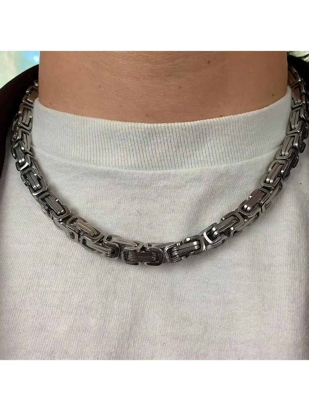 Y2k Cyber Punk style Silver stainless steel interlocked link chain necklace.